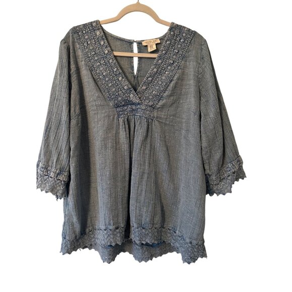 Rachel Zoe Womens 1X Boho Tunic Top Blue Embroidered Crochet Lace V-Neck - Picture 1 of 10
